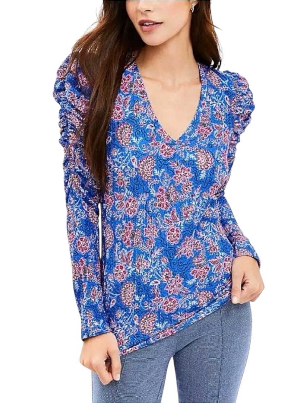Ann Taylor LOFT Sz MEDIUM Blue Floral V-Neck Ruched Sleeve Textured Blouse Top